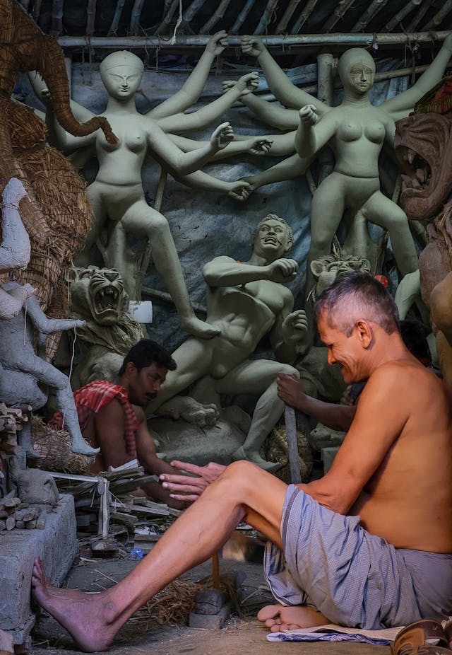 Artists at work in making of Durga Idols in Kolkata